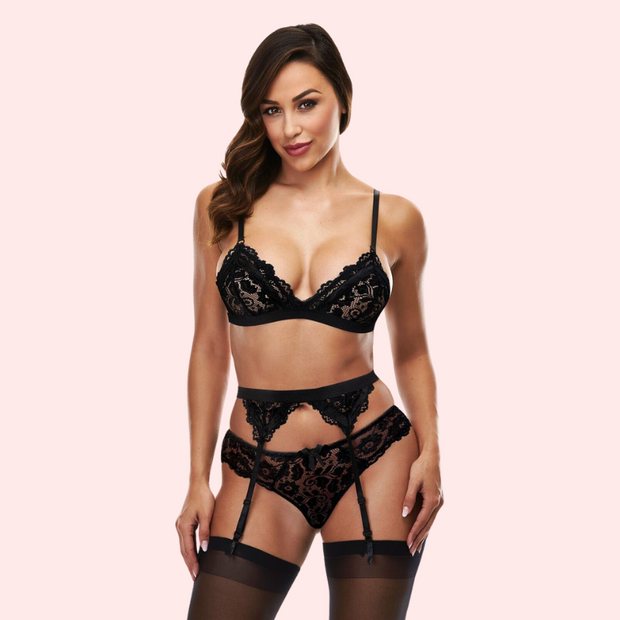 Exotic black lace bra set with garter belt