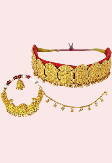 Kumauni Gold-Plated Guluband & Nath Jewellery Set