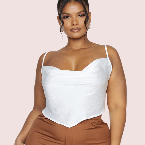 Plus  Size White Satin Cropped Cowl Neck Cami Top