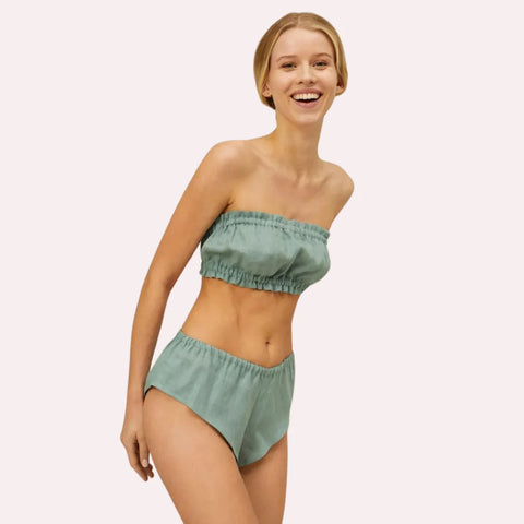 2-Pack Natural Flax Linen Ruffled Bandeau & Vintage Knickers Set