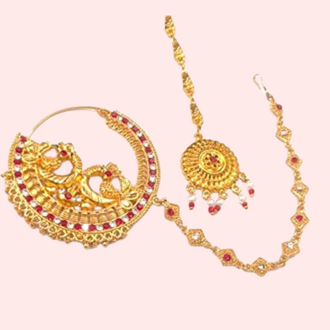 Garhwali Gold Plated Bridal Nose Ring with Chain