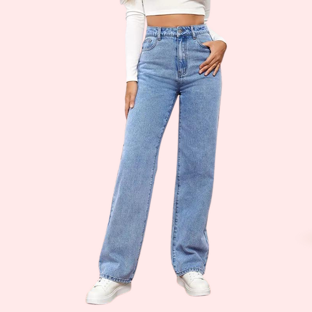 Women's Fashionable Washed High Waist Straight Jeans