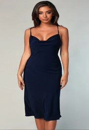 Navy Satin Cowl Neck Midi Dress